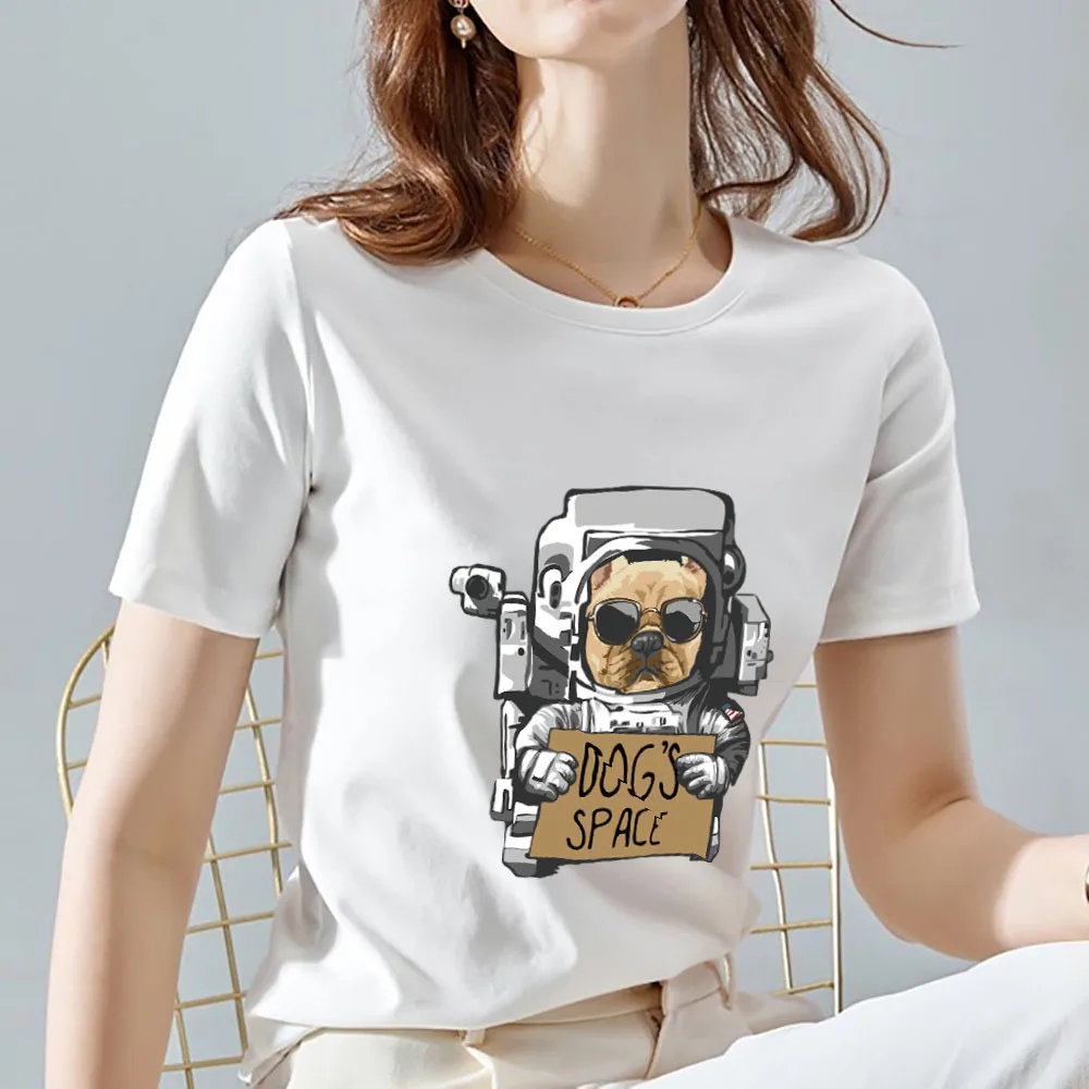 

Summer Fashion Street Women's T-shirt Sweet White T-shirt Slim Round Neck Commuter Ladies Top Space Dog Print Pattern O-Neck Top
