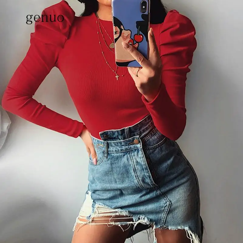 New O-neck Long Pull Sleeve Body Suit Femme Elegant Women Bodysuits Bodycon Lady Knitted Rompers Outfits Black Red