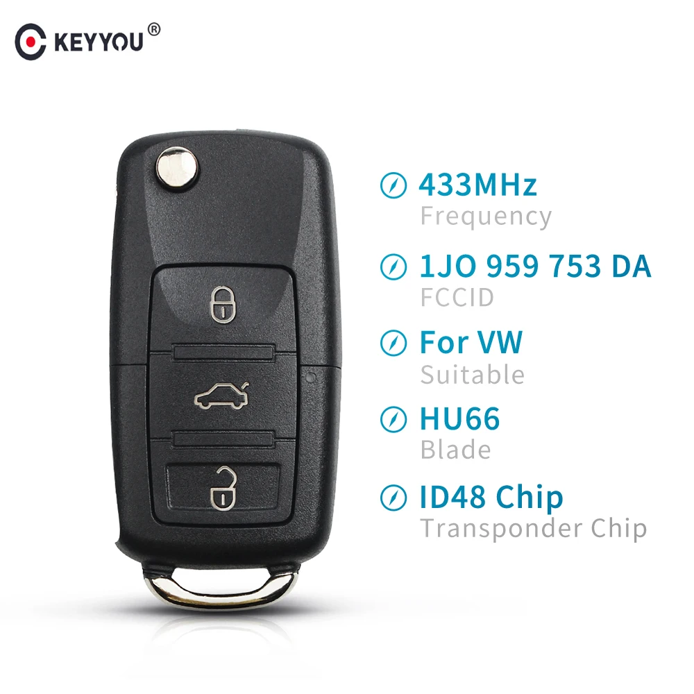 KEYYOU 434Mhz Filp Автомобильный Дистанционный ключ для VW Volkswagen PASSAT Polo Skoda Seat Fob 3 кнопки умный Автомобильный ключ 1J0959753DA ID48 чип