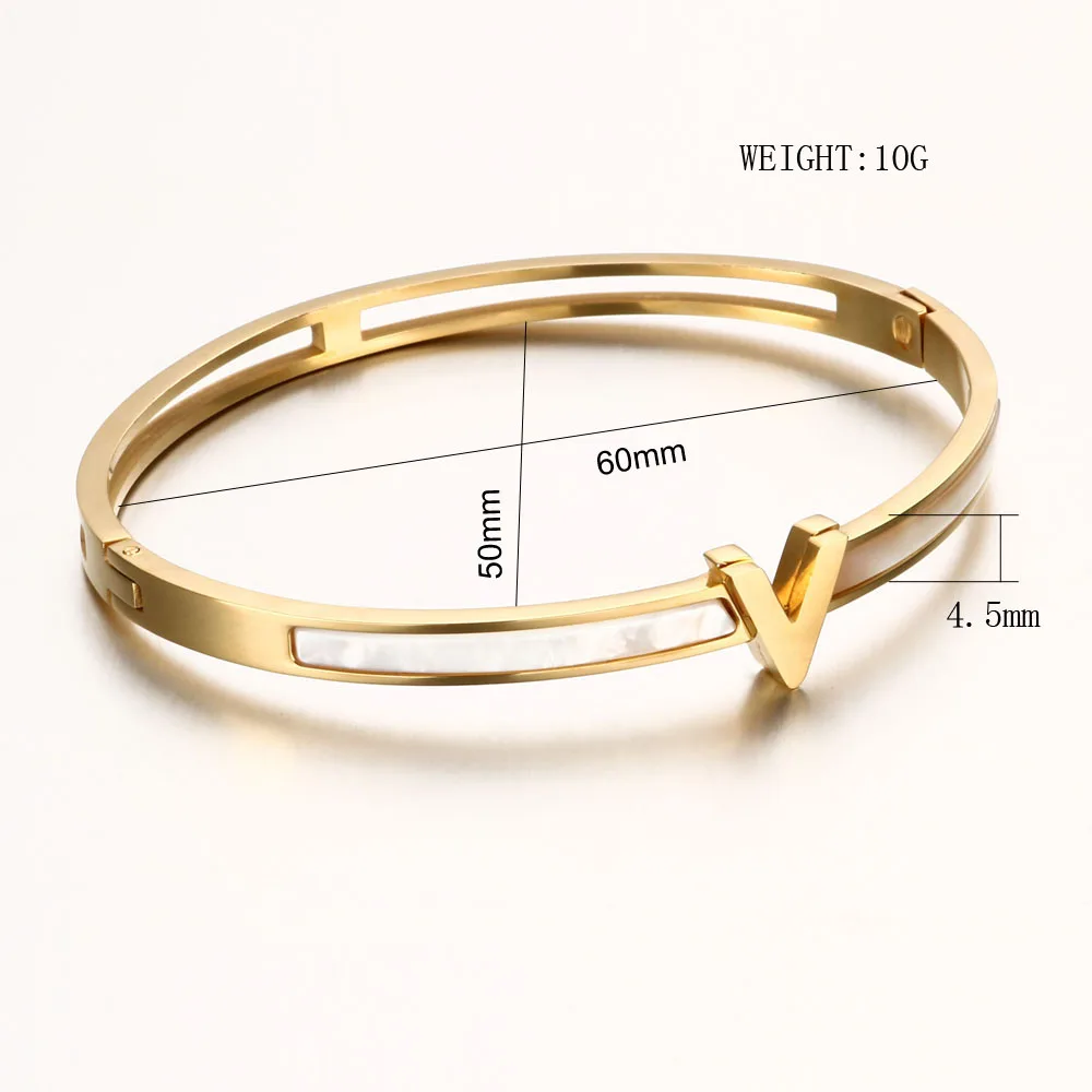 Stainless Steel V letter Cuff Charm Bangles Woman Ladies Fashion Jewelry Classic Casual OL Party Wedding Bracelets