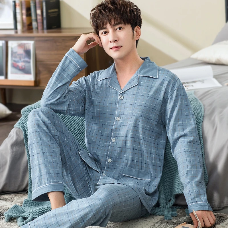

100% Cotton Pijama for Men 2 Pieces Lounge Sleepwear Pyjamas Plaid Autumn Bedgown Home Clothes Man PJs Pure Cotton Pajamas Set