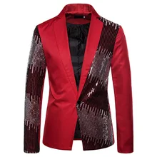 LUCLESAM Men Sequin Stitching Suit Jacket Mens One Button Slim Fit Blazer Dance Stage Performance Costumes Disco costume homme