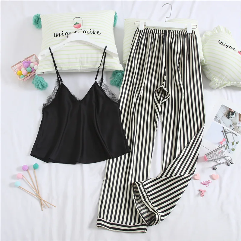

Lisacmvpnel Satin Stripe Women Pajamas Spaghetti Strap Pants Set Pyjamas
