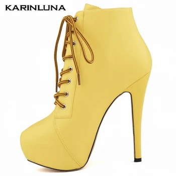 

karinluna 2020 Fashion Brand shoes High Platform Cross-tied 14 cm High Thin Heels Sexy Party Multicolor Ankle Boots