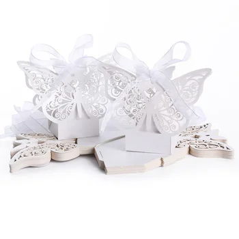 

50pcs Hollow Big Butterfly Style Wedding Favor Candy Boxes Gift Boxes with Ribbons (White)