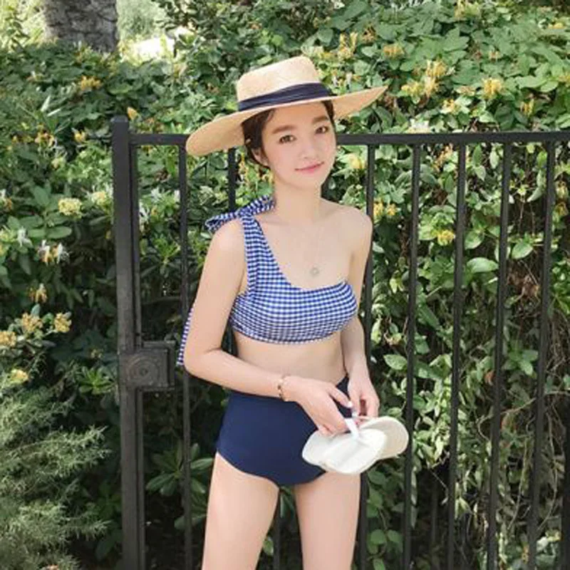 

New Style One-Shoulder Bikini Stripes High-waisted Triangular Belly Covering Slimming Push up Spa Resort Beach Swimsuit Women's