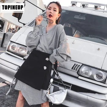 

2020 New Design Fashion Popular Irregular V-neck Long Bat Sleeves Short Dress Set All-match Korea Style Sets