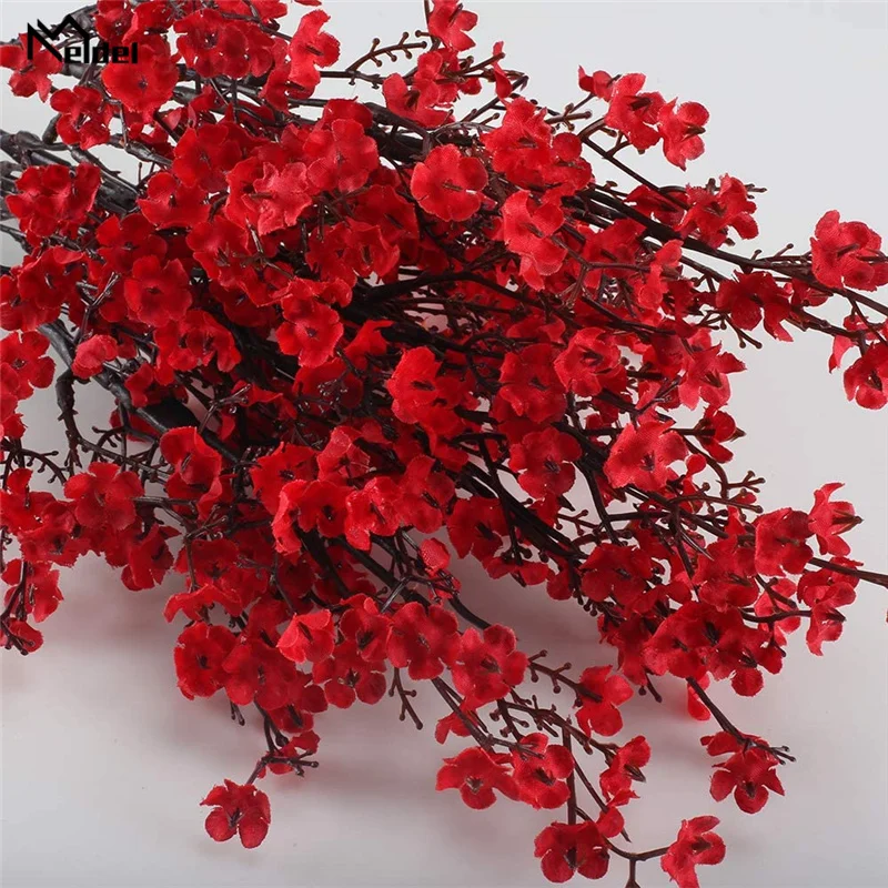 Meldel Red Cherry Blossoms Wedding Bouquet Flowers Pink Gypsophila Fake Plants DIY Wedding Garland, Chair Accessories