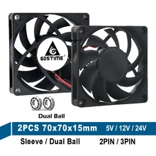 Gdstime – ventilateur Axial de refroidissement à billes, 2 pièces, DC 12V 24V, 2 broches, 3 broches, 70mm x 15mm, 7015, 7cm, 70x15mm, pour ordinateur portable, CPU, boîtier sans balais