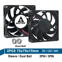 Gdstime – ventilateur Axial de refroidissement à billes, 2 pièces, DC 12V 24V, 2 broches, 3 broches, 70mm x 15mm, 7015, 7cm, 70x15mm, pour ordinateur portable, CPU, boîtier sans balais 