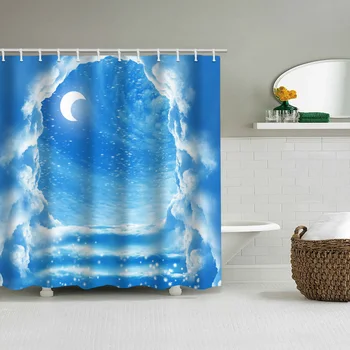 

Simple shower curtain blue cloud ladder night sky printing bathroom partition curtain waterproof mold proof send hook multiple