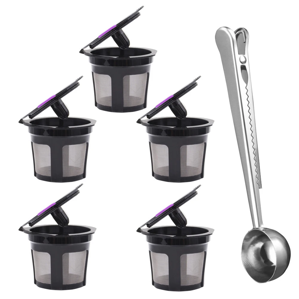 

5 * Coffee Filters With Stainless Steel Spoon K-Cups Refillable Reusable Coffee Filter For Keurig 2.0 1.0 Mini Plus Maker 2019