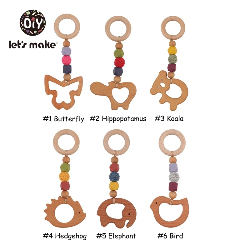 Let's Make 1pc Baby Rattle Toys Play Gym Olive Oil Beech Wooden Rodent Animal Koala Elephant Pendant Hanging Baby Wood Bed Bell