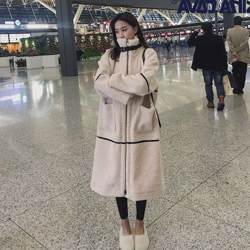

Photo Shoot INS College Style Contrast Color Joint Loose-Fit Handsome BF Stand Collar White Lambs Wool Woolen Cloth Coat Women's