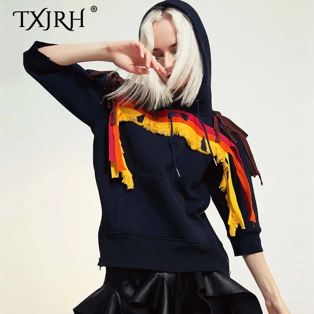 TXJRH стильный Harajuku Радуга геометрическая вышивка кисточкой толстовки с пайетками пуловер молния сбоку свитер джемпер утолщенные Топы