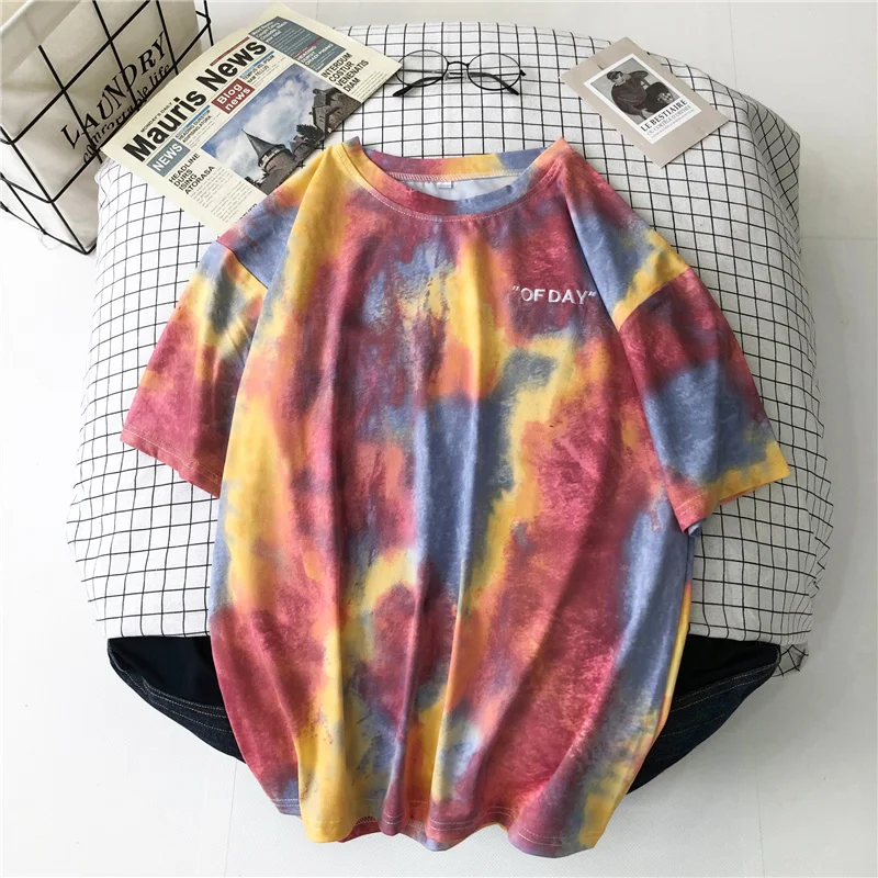 Tie-dye Summer T Shirt Women 2020 Letter Printed Female White Tee Tops O-Neck Oversize Tees Short Sleeve Femme Shirt L0478
