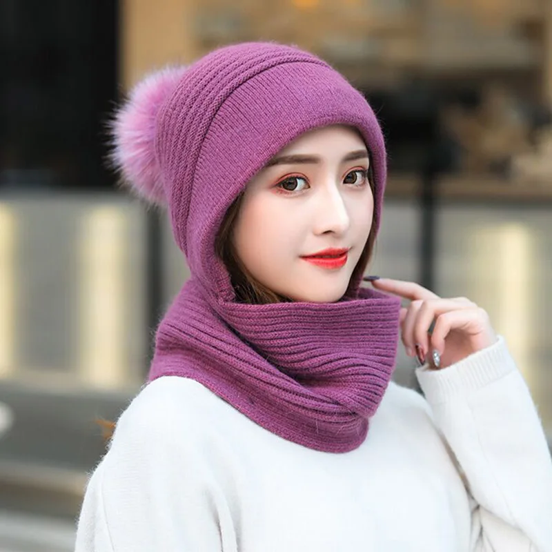Зимняя женская вязаная шапка, шарф, комплект из 2 предметов, модная шерстяная утолщенная шапка, воротники, женская теплая шапка, шарф, набор, зимние шапки - Цвет: Purple