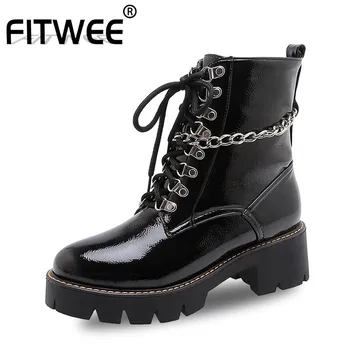 

FITWEE Women Ankle Boots Rivets Patent Leather Punk Shoes Woman Warm Fur Daily Spring Woman Winter Botas Footwear Size 34-43