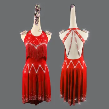 

New Women Latin Dance Dress Latin Skirt Competition Dress Costumes Performing Dress Sparkly Rhinestones Red Tassel Skirtes Made