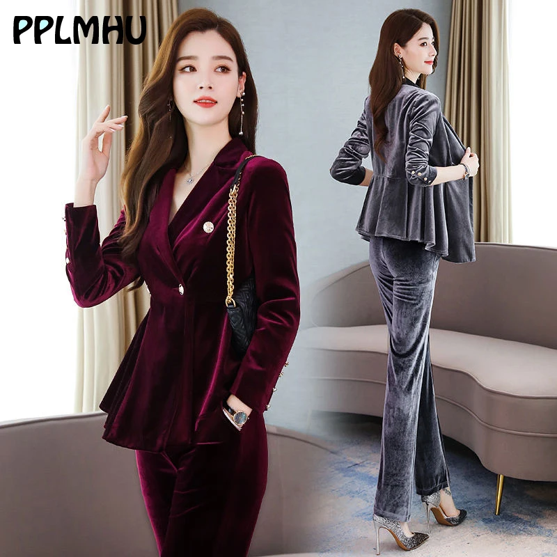 Elegante tweedelige sets fluwelen pak vrouwen plus size v-hals Double Breasted office lady tops en broek winter velour party blazer Elegante tweedelige sets fluwelen pak vrouwen plus size v-hals Double Breasted office lady tops en broek winter velour party blazer