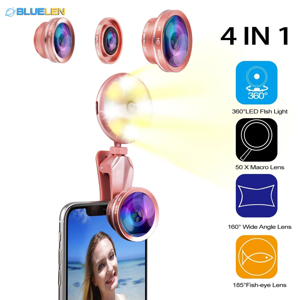 

BLUELEN high quality Rechargeable 4 in 1 Selfie Ring Led Flash Light with Phone Lens Kit Broadcast round beauty fill light len