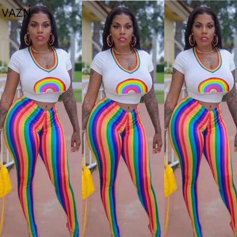 

VAZN MYP8881 Striped Colorful Skinny Print Short Sleeve+Long Pants 2019 Summer Women Casual 2Piece Two Fashion Bodycon Women Set