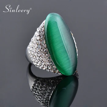 

SINLEERY Vintage Green Opal Stone Shuttle Rings For Women Size 6 7 8 9 10 Silver Color Ring Female Lady Jewelry JZ512 SSB