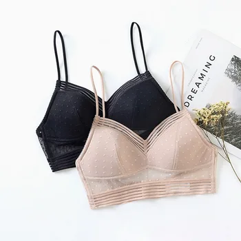 

Sexy Polka Dots Mesh U Big Backless Bra and Panties Set with Lace Underwear Set Soft Thin Lined Women Lingerie White Black Skin