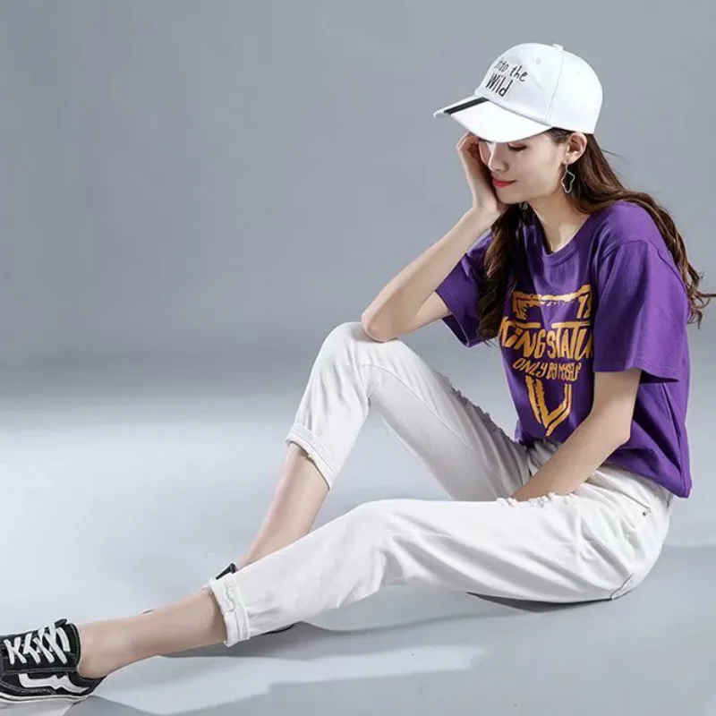 Jeans Woman Loose Casual Boyfriends Jeans Streetwear Women Ripped Hole White Pocket Ankle Length Trousers Jean