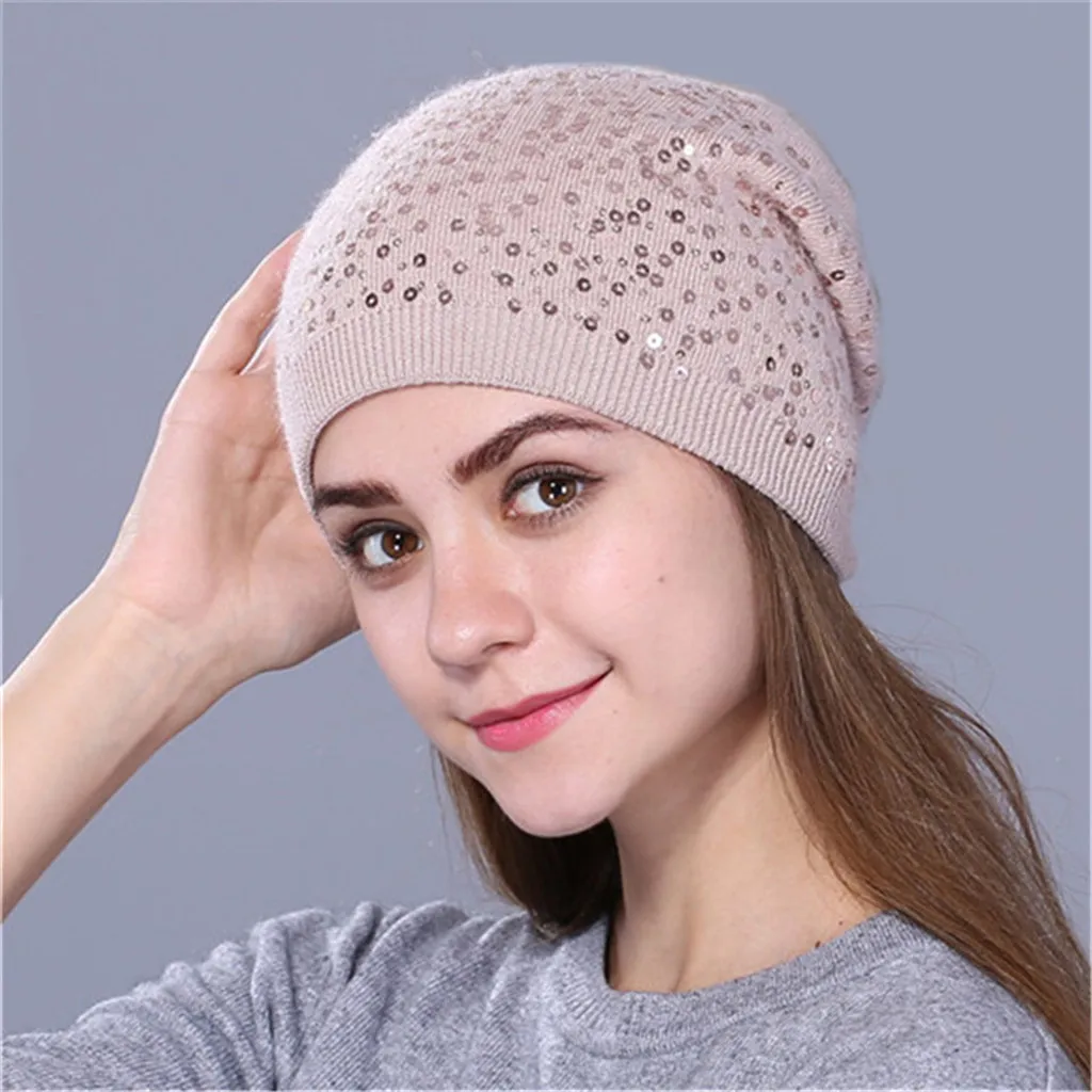Coffee Cap Зимняя женская вязаная шапка с блестками, мешковатая Теплая Вязаная Зимняя шерстяная вязаная Лыжная шапка с черепом, громоздкая шапка, чепчик, czapka zimowa - Цвет: Coffee Cap