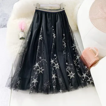 

Embroidery Sequin Women Mesh A-Line Skirt Patchwork Sweet High Waist Pleated Mid-Calf Casual Korean Female Tutu Skirts Big Swing