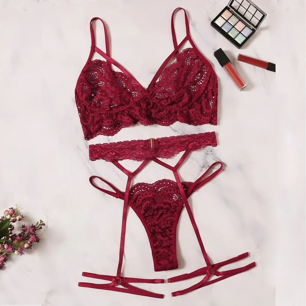  New Sexy Women's Bra Set Black Red Porno Color Lace Bra Hollow Underwear+Thong+Garter Set Sleepwear