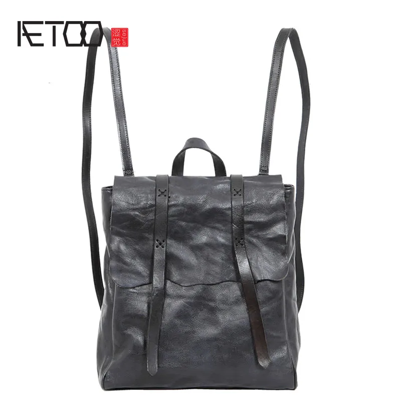 

BJYL The new first layer leather backpack female retro leather multi-function large-capacity travel bag male