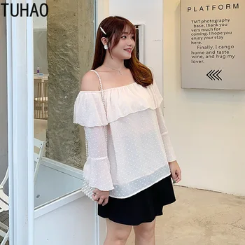 

Spring Autumn Women's Chiffon Shirts Loose Ruffled Plus Size Blouses Tops 3XL 2XL Loose Women Shirts Slash Neck Blouse TA2075