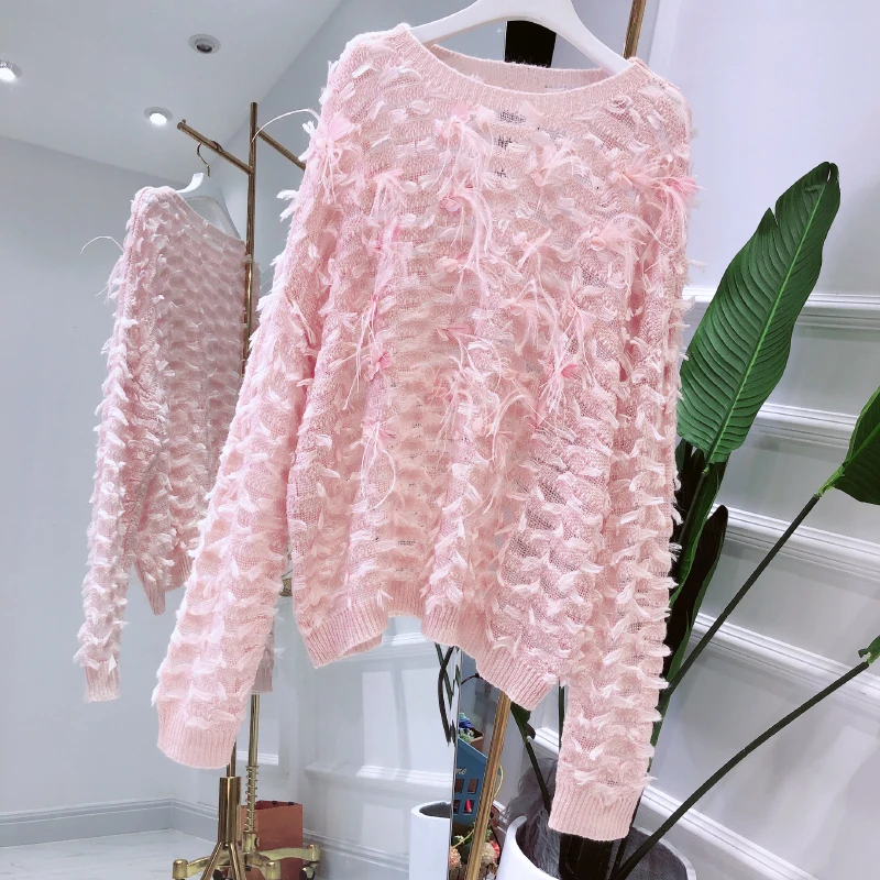 WHITNEY WANG осень мода уличная перья кисточкой свитер женский джемпер sueter mujer invierno