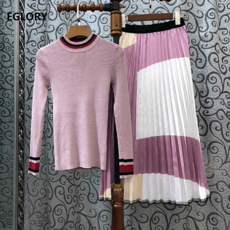 Комплект из двух предметов, 2019, осенне-зимний свитер, Женский вязаный пуловер в полоску + плиссированная юбка до середины икры