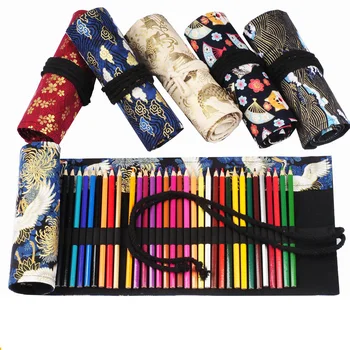 

48 Holes Kawaii Makeup Brushes School Roll Pencil Case Canvas Pen Bag for Girls Boys Chinese Style Office Supplies Stationery