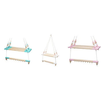 

Nordic Children Room Decorative Storage Rack Double Wooden Bead Tassels Shelves Wall Rope Hanging Shelf Home Hook Kids Coat Rack