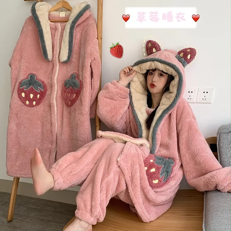 Autumn Winter Women Hooded Pajama Sets Thicken Warm Coral