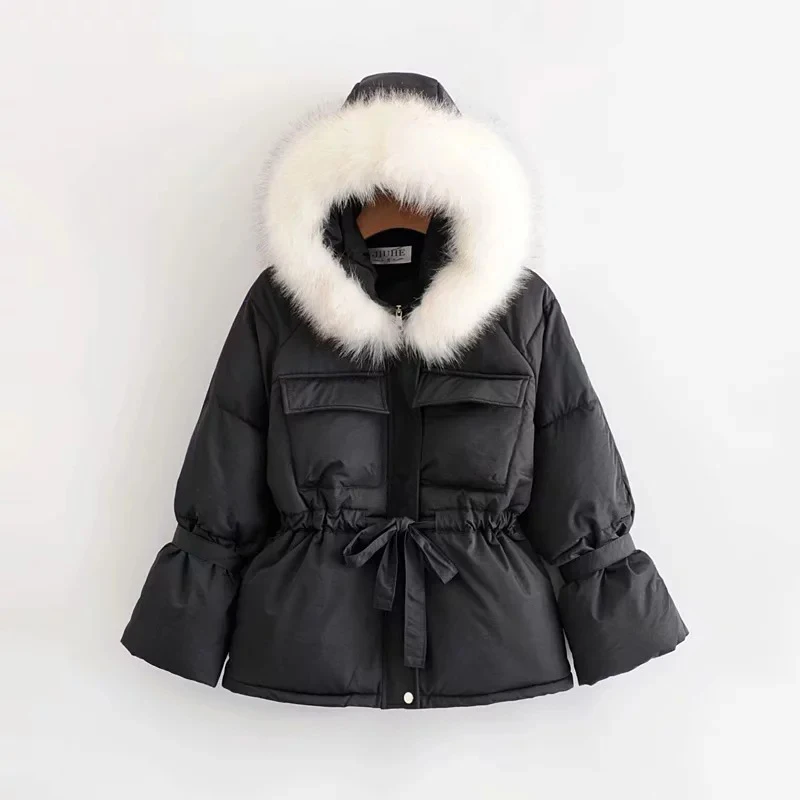 Big Fur Collar Winter Coat Hooded Parkas Warm Cotton Jackets Drawstring Plus Size Jackets For Women Big Pocket Outwear