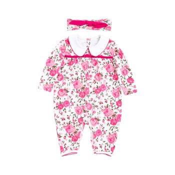 

Baby Cotton Clothing Long-Sleeve Rose Print Baby Romper Baby Jumpsuit with Headgear Set