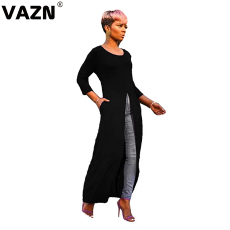 VAZN AWN5051, одноцветные,, модные, сексуальные, женские, асимметричные, Длинные Топы, сексуальные, женские, с круглым вырезом, с длинным рукавом, повседневные, открытые футболки, топы
