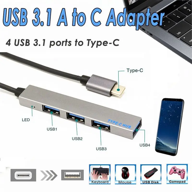 Адаптер usb хаб Type C 4 в 1 с портами USB 3 для Mac book Pro серого цвета комплекте адаптером