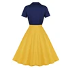 Plus Size Women Blue Yellow Patchwork Vintage Dress Notched Collar Button Belt 50s Dress Elegant Rockabilly Party Swing Dress ► Photo 2/6
