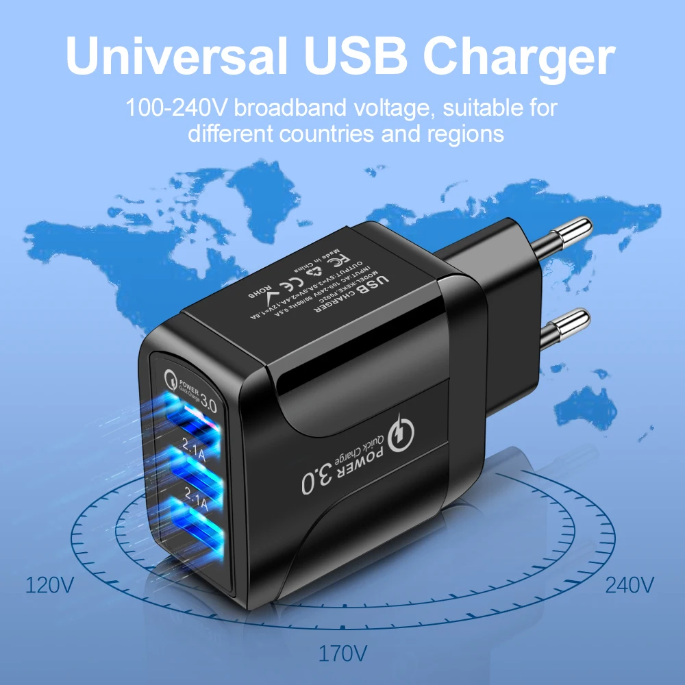QC 3.0 전원 공급 장치 여행 3 USB 포트 충전기 범용 어댑터 5V 2A PC 영국/EU/US 나비 조명 충전기 휴대 전화