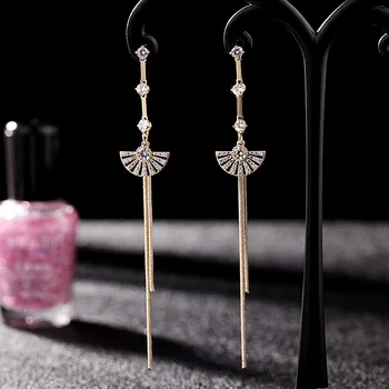 

2020 New Arrival Fan-shaped Long Tassel Earring Female Non-symmetrical Elegant Dangle Earrings Fine Crystal Hanging Earring