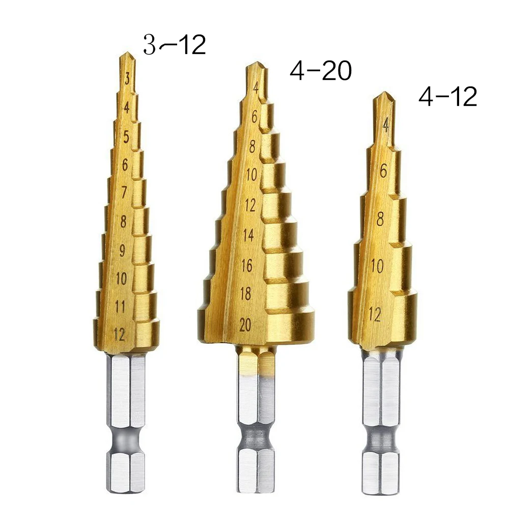 3 шт из быстрорежущей стали титановые ступенчатые сверла 3-12 мм 4-12 мм 4-20 мм ступенчатые конусные режущие инструменты стальной деревообрабатывающий набор для сверления дерева и металла