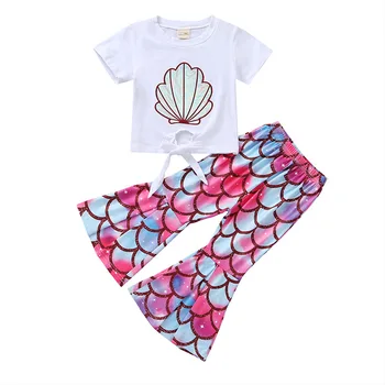 

Two-Piece Pants Suit Summer Toddler Baby Girls Short Sleeve Cartoon Print Tops Shirt + Scale Print Pants Outfit Children Clothes