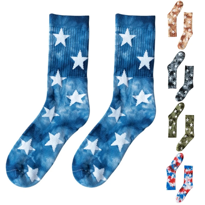 

Men Women Five-Pointed Star Gradient Tie-Dye Printed Crew Socks Winter Warm Terry Towel Hip Hop Street Skateboard Basketball Cot