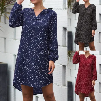 

Long Sleeve Dress Womens NEW Fashion Boho Casual Sexy V-Neck Polka Dot Party Cocktail Thin Dress Ladies Clubwear Freeship платье